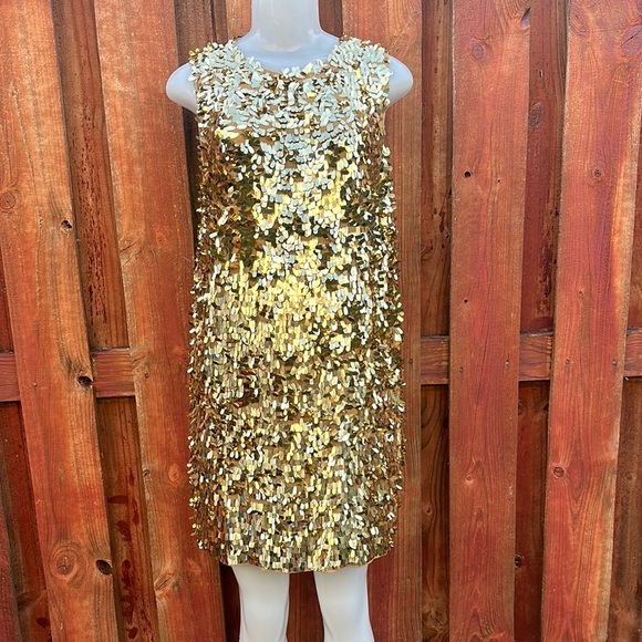French Connection Women’s Gold Sequin Sleeveless Dress Size 8 - Picture 1 of 16